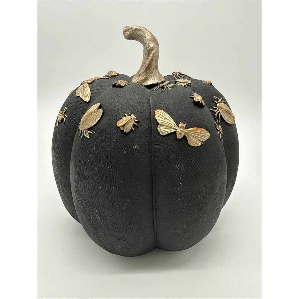 Black Resin Pumpkin with Gold Bugs